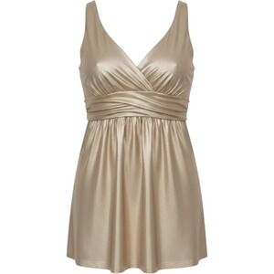 Moa Moa Woman's XL Metallic‎ Gold Pleated Empire Waist Beaded Strap Top